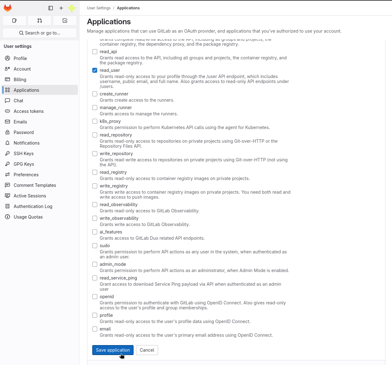 Configure new application