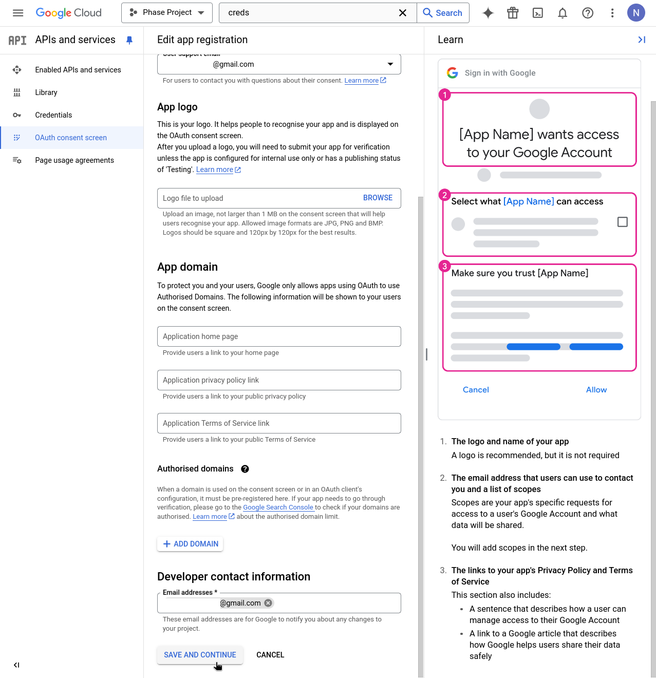 Consent screen app information save and continue