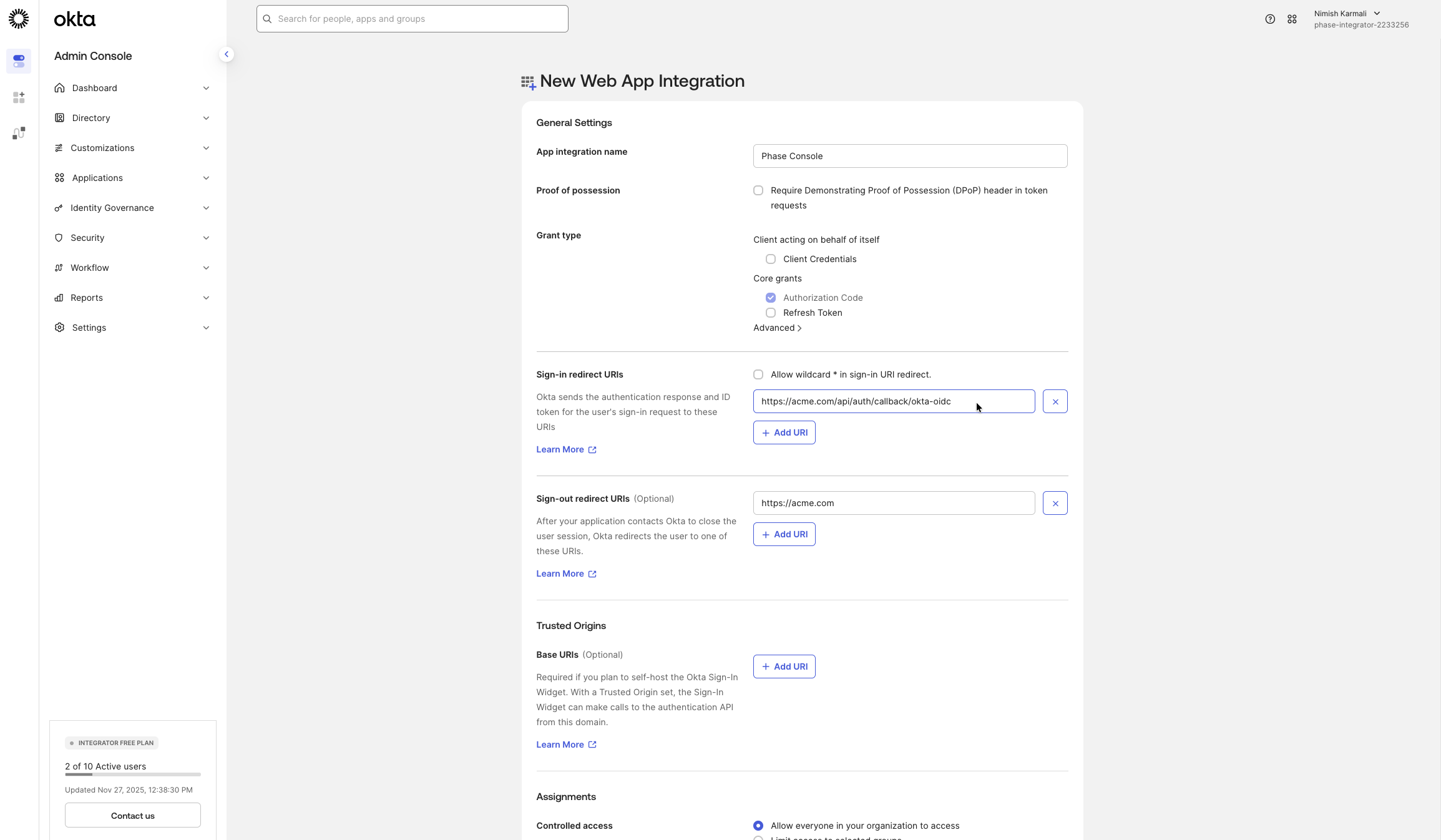 Configure App Name and Redirect URI