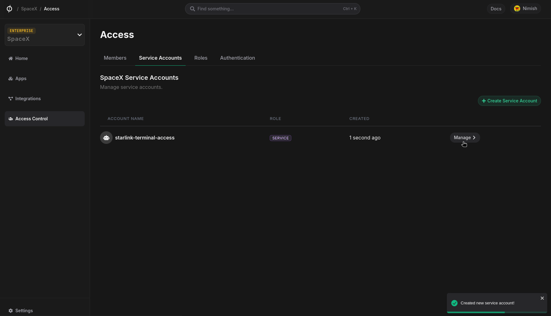 Click manage service account button