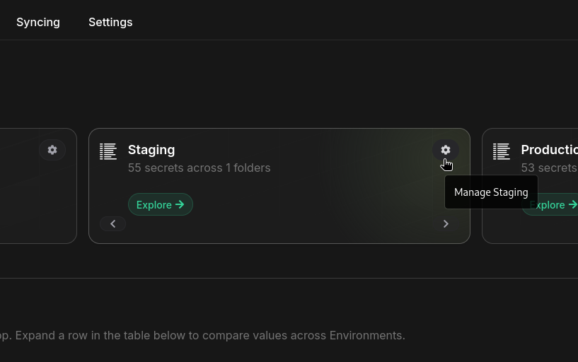 Manage environment cog button