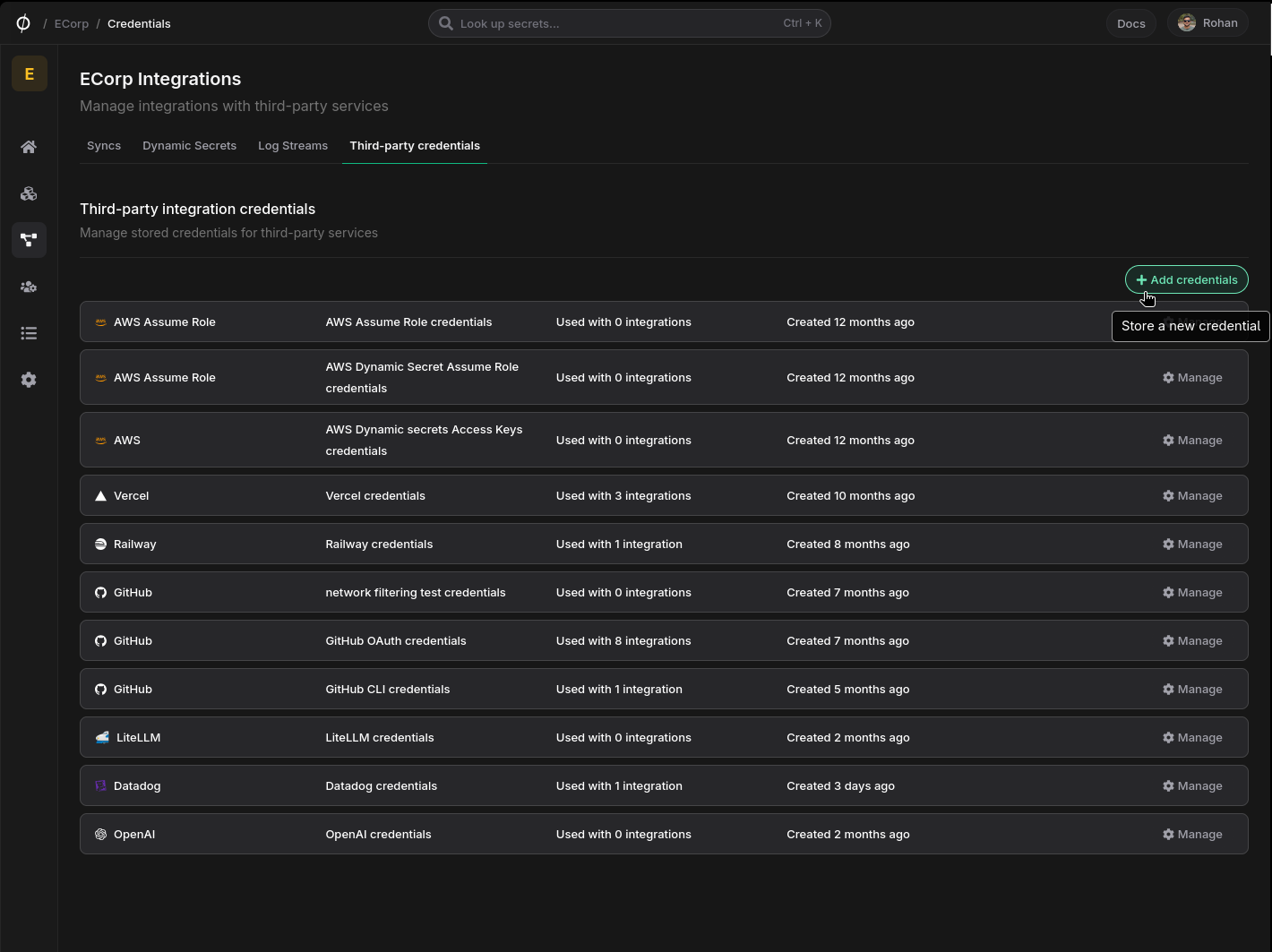 Third-party credentials tab with the Add credentials button