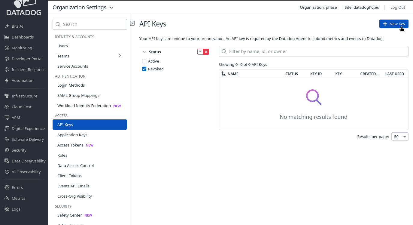 Datadog API Keys page with the New Key button