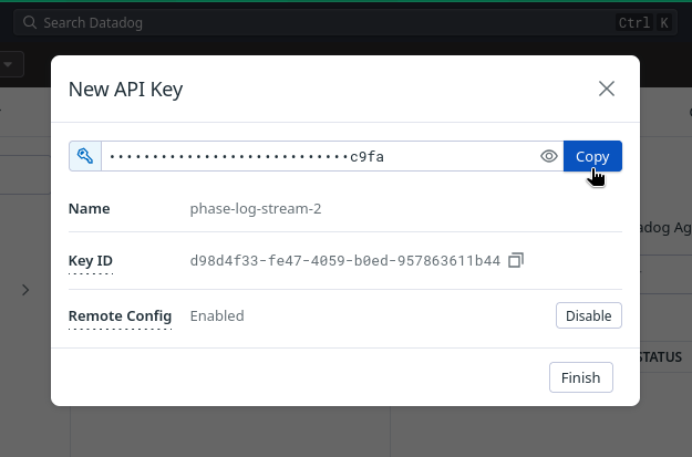 Created Datadog API key with the Copy button