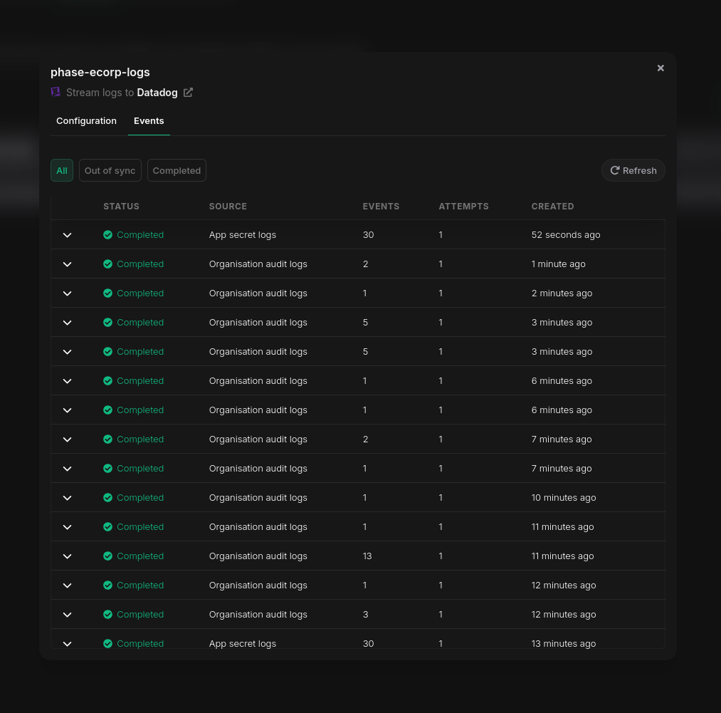 Events tab showing the delivery history with status filters